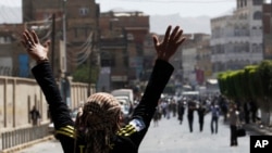 An anti-government protester appeals to government backers to stop throwing rocks during clashes in Sana'a, February 19, 2011