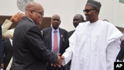 South Africa's President, Jacob Zuma, left, is welcomed by Nigeria's President Muhammadu Buhari during an official visit at the Presidential Palace in Abuja, Nigeria, Tuesday, March 8, 2016.