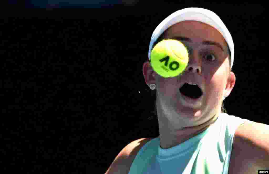 Latvia&#39;s Jelena Ostapenko reacts during her third round match against Czech Republic&#39;s Barbora Krejcikova, during the Australian Open at Melbourne Park, in Melbourne, Australia.