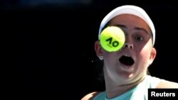 Latvia&#39;s Jelena Ostapenko reacts during her third round match against Czech Republic&#39;s Barbora Krejcikova, during the Australian Open at Melbourne Park, in Melbourne, Australia.