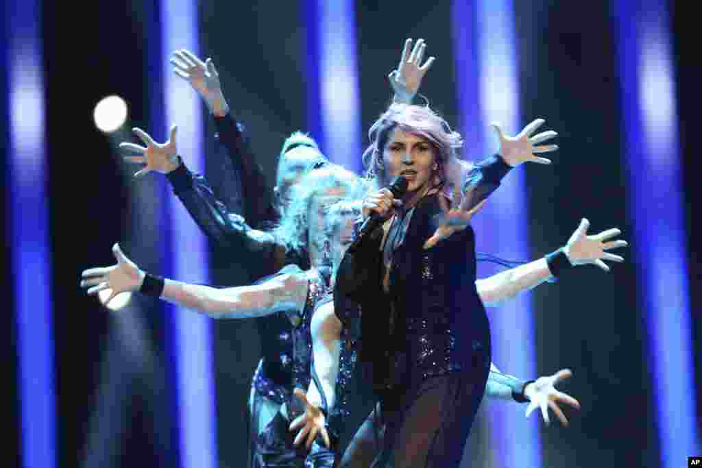 Lea Sirk from Slovenia performs the song 'Hvala, ne!' in Lisbon, Portugal during a dress rehearsal for the Eurovision Song Contest.