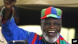 FILE - Namibian and ruling Swapo party President Sam Nujoma speaks during an election rally in Windhoek, Namibia, Nov. 13, 2004. 