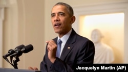 Presiden Obama memberikan sambutan terkait perjanjian Iklim Paris di Gedung Putih, Washington DC (12/12).