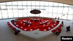 A lounge inside of the TWA Hotel, which is housed inside the former 1962 TWA Flight Center terminal which was designed by architect Eero Saarinen at JFK International Airport in New York, U.S.