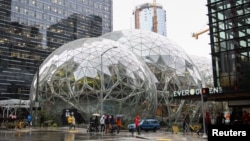 The Amazon Spheres are seen from 6th Avenue at Amazon's Seattle headquarters in Seattle, Washington, Jan. 29, 2018. 