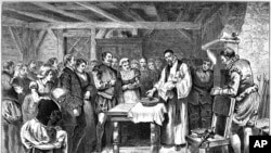 In this lithograph, Roanoke Colony settlers are shown baptizing Virginia Dare, the first child born in the New World to English parents. (Wikipedia Commons) 