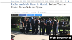 Газета Berliner Zeitung 23 серпня 2019 р. із заголовком: "Велосипедист застрелив чоловіка, аквалангісти поліції в районі Моабіт знайшли зброю убивці в Шпрее"