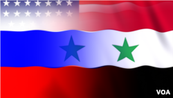 US RUSSIA AND SYRIA FLAGS