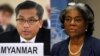 ကုလသမဂ္ဂဆိုင်ရာ မြန်မာ အမြဲတမ်း သံအမတ်ကြီး ဦးကျော်မိုးထွန်း (ဝဲ) နဲ့ အမေရိကန်သံအမတ်ကြီး Linda Thomas-Greenfield (ယာ)။ (မှတ်တမ်းဓာတ်ပုံ (Combo))