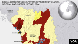 CDC map of east Africa, areas with confirmed and probable cases of Ebola