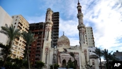 FILE - This picture shows a damaged Ibn Khaldoun mosque in the Mediterranean port city of Alexandria, Egypt, Jan. 7, 2015. 
