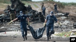 20일 말레이시아 여객기가 추락한 우크라이나 동부 지역에서 구급대원들이 희생자들의 시신을 이송하고 있다. 