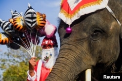 Elephants in Santa Claus costumes visit a school in Ayutthaya