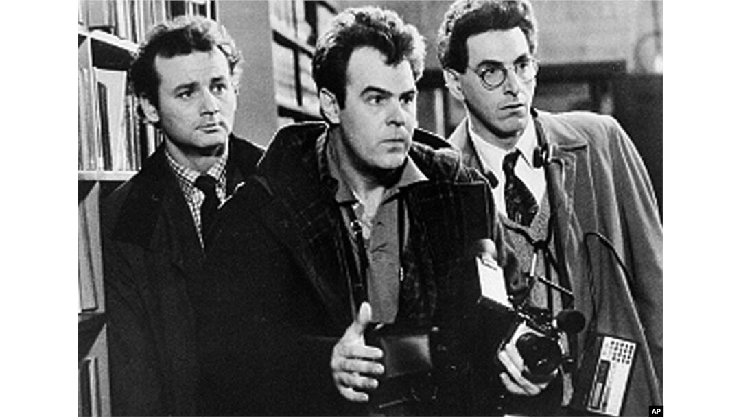 FILE - In an undated file photo, Bill Murray, Dan Aykroyd, center, and Harold Ramis, right, appear in a scene from the 1984 movie "Ghostbusters".
