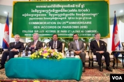 Foreign Affairs minister Prak Sokhon (center) sits along his fellow diplomats during a celebration of the 25th anniversary of Paris Peace Accords, in Phnom Penh, on Thursday, October 20, 2016.