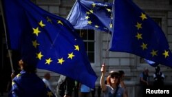 Anti-Brexit protesters wave European Union flags outside the Cabinet Office in London, Aug. 30, 2019. 