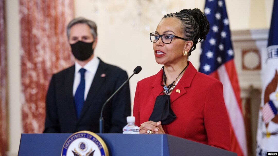 Former ambassador Gina Abercrombie-Winstanley speaks after U.S. Secretary of State Antony Blinken announced that she would be the first chief diversity officer in the Benjamin Franklin Room of the State Department in Washington, April 12, 2021.