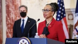 Former ambassador Gina Abercrombie-Winstanley speaks after U.S. Secretary of State Antony Blinken announced that she would be the first chief diversity officer in the Benjamin Franklin Room of the State Department in Washington, April 12, 2021.