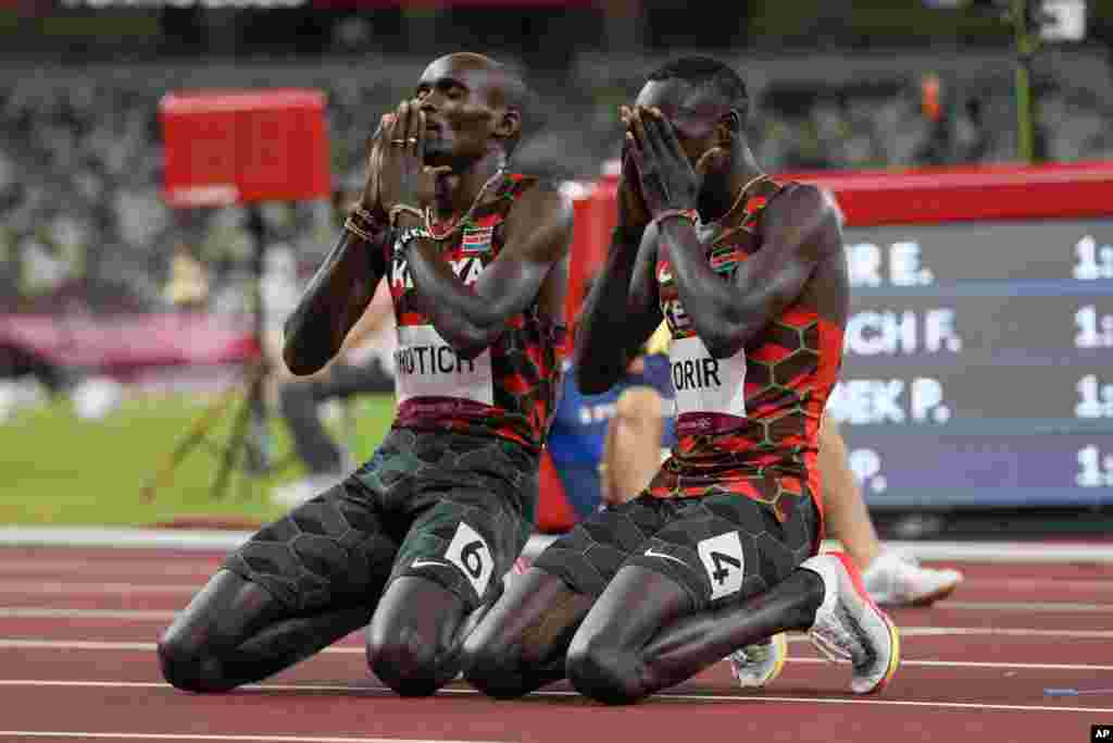 Emmanuel Korir, right, of Kenya, celebrates after winning the gold medal with silver medalist Ferguson Rotich, also of Kenya, in the men&#39;s 800-meter final at the 2020 Summer Olympics in Tokyo, Japan.