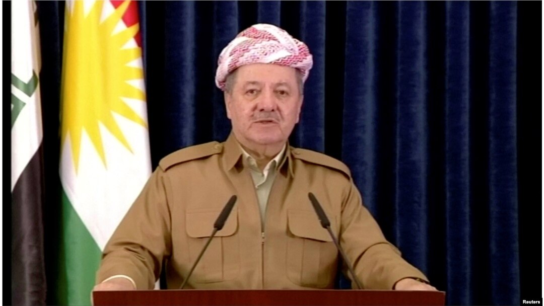 A still image taken from a video shows Kurdish President Masoud Barzani giving a televised speech in Irbil, Iraq, Oct. 29, 2017.