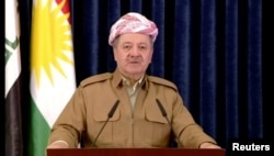 ພາບຖ່າຍຈາກວີດີໂອ ສະແດງໃຫ້ເຫັນ ປະທານາທິບໍດີ ຂອງຊາວເຄີດ ທ່ານ Masoud Barzani ກ່າວຖະແຫລງຜ່ານໂທລະພາບ ໃນເມືອງ Irbil ຂອງອີຣັກ, ວັນທີ 29 ຕຸລາ 2017.