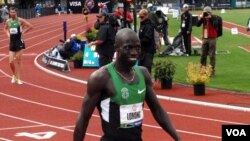 Lopez Lomong finished third in the 5,000 meter race at the 2012 US Olympic Trials in Eugene, Oregon last month. (T. Banse/VOA)