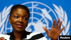 U.N. humanitarian chief Valerie Amos addresses a news conference on the situation in Central African Republic at the United Nations in Geneva, Switzerland, Mar. 7, 2014.