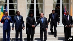 French President Francois Hollande, third right, shakes hands with Nigeria President Goodluck Jonathan, third left, as other leaders look on for family photo in Paris, May 17, 2014.