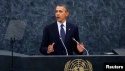 2013年9月24日奥巴马总统于纽约在第六十八届联大会议上发表讲话。

