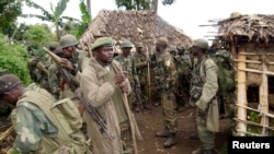 在M23反政府武装战士在一次战斗中投降后，刚果政府军士兵聚集在一起开会。（资料照）