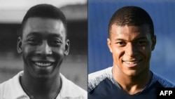 L'attaquant brésilien Pelé, à droite, à Colombes, banlieue de Paris, le 13 juin 1961 et l'attaquant français Kylian Mbappe à Istra, à l'ouest de Moscou, le 27 juin 2018, sur une combinaison de photos.
