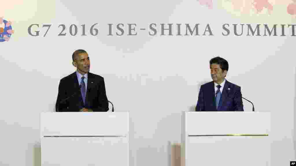 Le président Barack Obama et le Premier ministre japonais Shinzo Abe, lors d'une conférence de presse, à Shima, le 25 mai 2016.