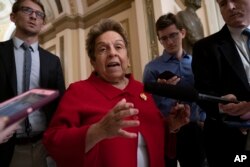 Rep. Donna Shalala, D-Fla., speaks to reporters after a conservative House Republican temporarily blocked a $19 billion disaster aid bill that was passed the day before in a bipartisan vote in the Senate, at the Capitol in Washington, May 24, 2019.