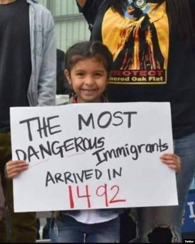 Native Americans on social media are sharing immigration-themed meme pictures across the internet, protesting U.S. President Donald Trump's immigration policies.