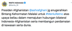 Isi twitter Kementerian Luar Negeri RI mengenai penganugerahan Bintang Kehormatan Malalai dari Presiden Afghanistan Ashraf Ghani kepada Menlu Retno Marsudi. (Foto: Courtesy/Twitter Kemenlu RI)