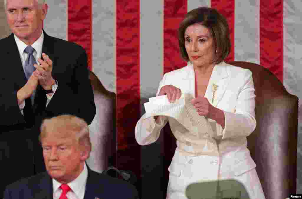 Speaker of the House Nancy Pelosi (D-CA) rips up a copy of U.S. President Donald Trump's speech after his State of the Union address to a joint session of the Congress in the House Chamber of the U.S. Capitol in Washington, Feb. 4, 2020.
