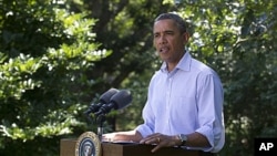 President Barack Obama speaks about Hurricane Irene in Chilmark, Mass. on Martha's Vineyard on Friday, Aug. 26, 2011