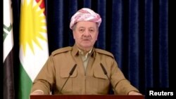 A still image taken from a video shows Kurdish President Masoud Barzani giving a televised speech in Irbil, Iraq, October 29, 2017. Barzani said he would step down as president on November 1.