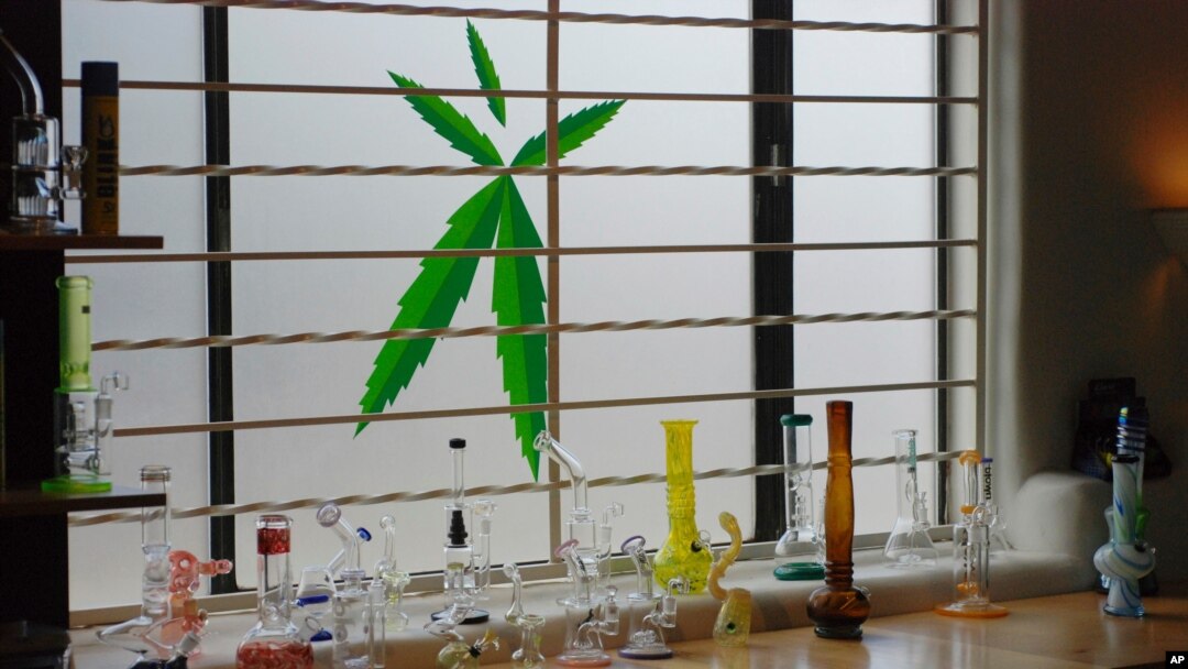 Peralatan untuk mengonsumsi ganja terpajang di jendela klinik ganja medis Minerva di Santa Fe, New Mexico, 11 Juni 2019. 