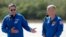 NASA astronauts Robert Behnken, left, and Doug Hurley are seen at the Kennedy Space Center in Cape Canaveral, Florida, May 20, 2020, to fly on the SpaceX Demo-2 mission to the International Space Station scheduled for launch May 27.