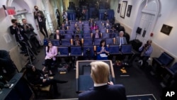 President Donald Trump speaks about the coronavirus in the James Brady Press Briefing Room of the White House, April 24, 2020, in Washington. 