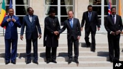 Shugaba Francois Hollande na Faransa, da kuma Shugaba Goodluck Jonathan na Najeriya a kofar dadar shugaban Faransa, Asabar 17 Mayu, 2014.