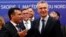 Macedonian Prime Minister Zoran Zaev and NATO Secretary-General Jens Stoltenberg pose during a family photo in Skopje, North Macedonia, June 3, 2019. 