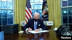 Presiden AS Joe Biden di Gedung Putih, Kamis (21/1). 