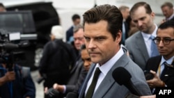 US Representative Matt Gaetz speaks to the press outside the US Capitol after voting in the House in Washington, DC on September 29, 2023.