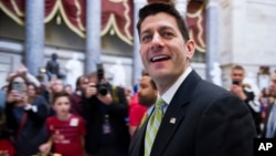 House Speaker Paul Ryan of Wisc., walks from the House Chamber to his office on Capitol Hill in Washington, March 24, 2017, as the House nears a vote on their health care overhaul. 