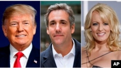FILE - A combination photo shows President Donald Trump, attorney Michael Cohen and adult film actress Stormy Daniels.