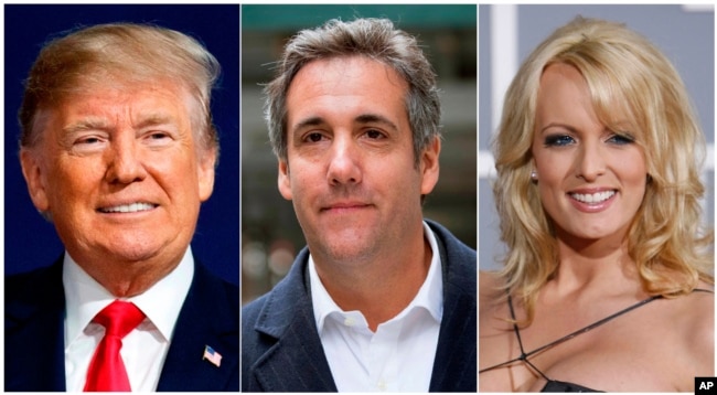 FILE - This combination photo shows, from left, President Donald Trump, attorney Michael Cohen and adult film actress Stormy Daniels.