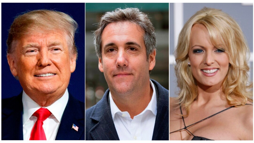 FILE - This combination photo shows, from left, President Donald Trump, attorney Michael Cohen and adult film actress Stormy Daniels.