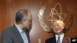Director General of the International Atomic Energy Agency (IAEA) Yukiya Amano, right, from Japan, welcomes Iranian Foreign Minister Ali Akbar Salehi, prior to their talks at the International Center in Vienna, Austria, July 12, 2011